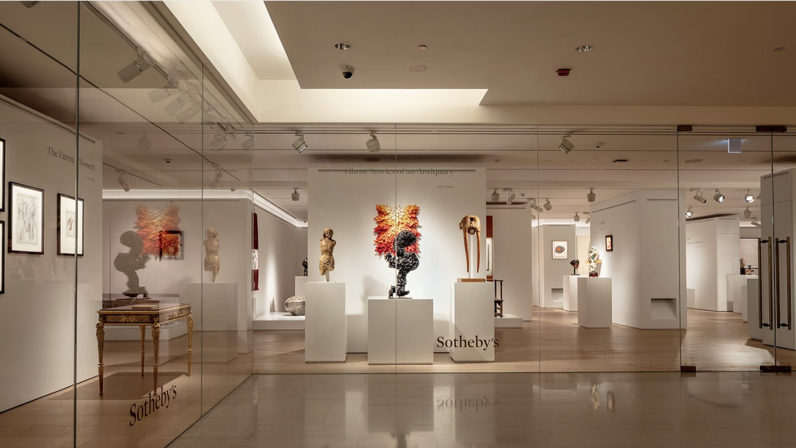 Sculptures and works on display in a Sotheby's showroom